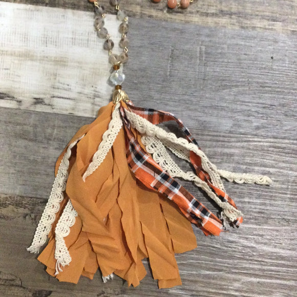 Orange Plaid Tassel Necklace